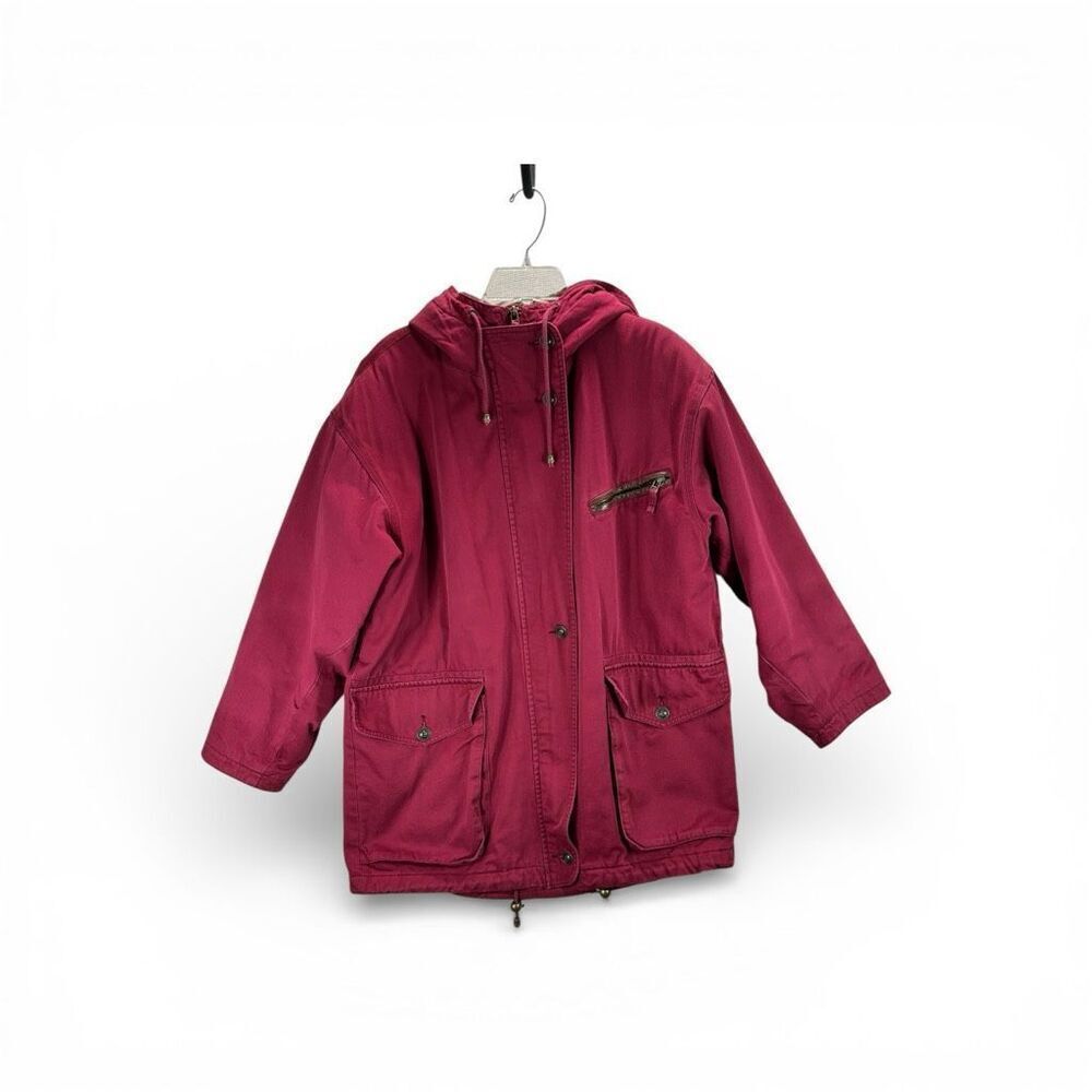 Vintage Burgundy Hooded Barn Chore Coat Plaid Lined Cotton Coat Streetwear M
